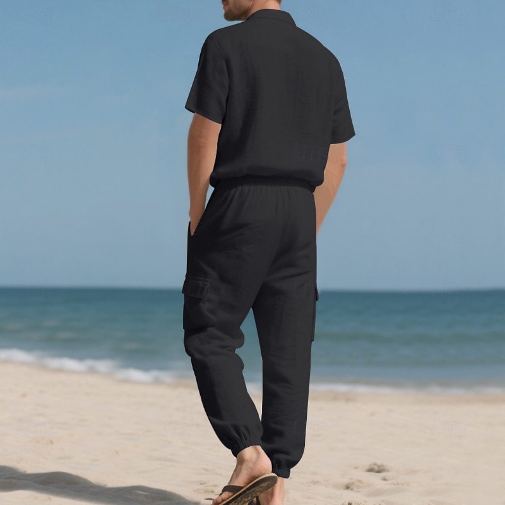 Men's Linen Shirt 2 Piece Shirt Set And Cargo Pants Linen Pants Trousers Set Plain Casual Daily Outdoor Turndown Short Sleeves Summer Fashion Casual Comfortable Clothing Apparel 2026 - $36.99 –P12