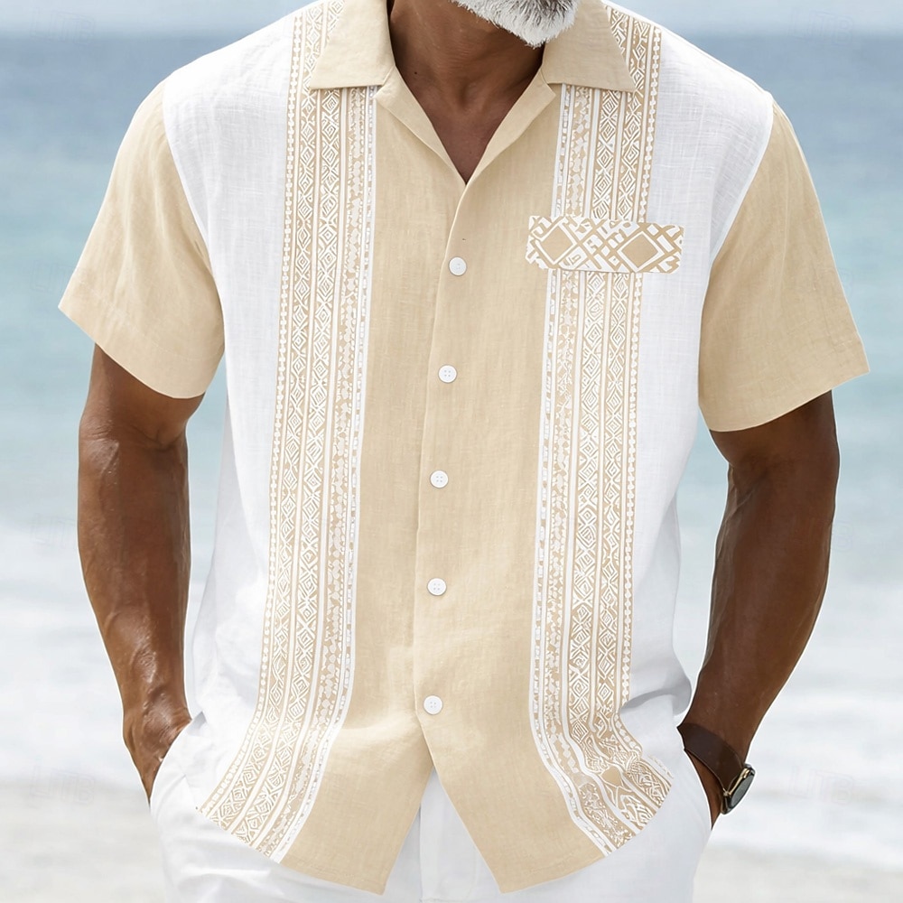 Men's Geometric Striped Ethnic Shirt Guayabera Shirt Button Up Shirt Short Sleeve Vintage Retro Daily Outdoor Vacation Summer Spring Turndown 3D Print Linen Like Shirt Blue Pink Purple Green Khaki 2026 - $25.99 –P3