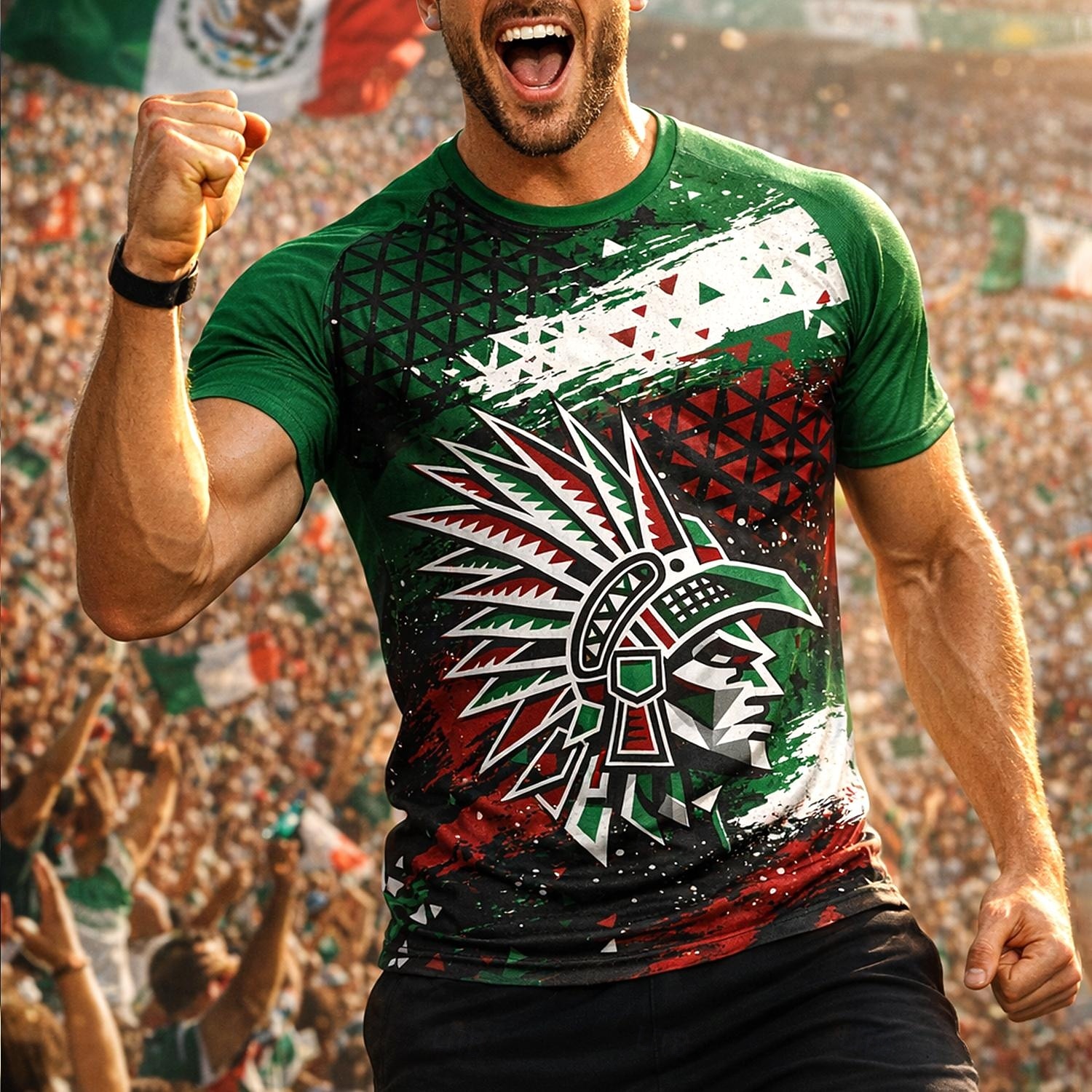 Camiseta de fútbol para hombre inspirada en México: camiseta gráfica verde, blanca y roja para aficionados, con tejido de malla transpirable de secado rápido y protección UPF 50+ para la temporada de 2026 - $18.99 –P1