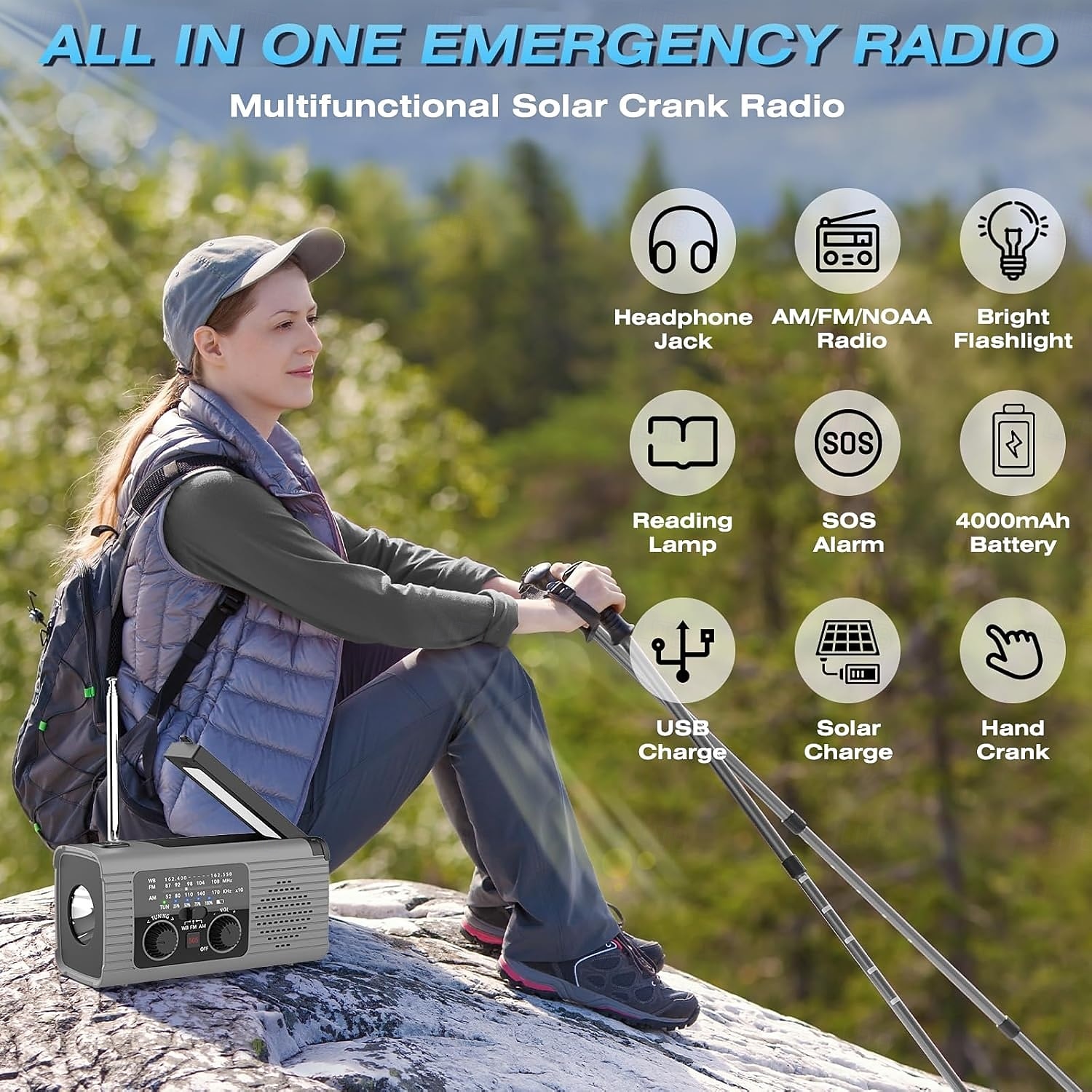 Emergency Radio 4000mAh Solar Hand Crank AM/FM/NOAA Portable Weather Radio with Phone Charger, LED Flashlight, Reading Lamp, SOS Alarm, Headphone Jack for Indoor Outdoor Emergency, USB Charged 2026 - BHD 33.11 –P3