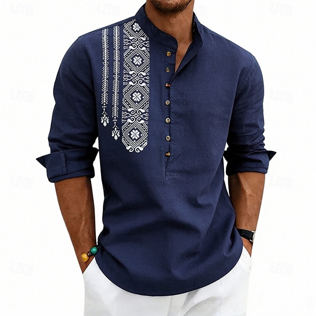 Men's Shirt Linen Shirt Popover Shirt Summer Shirt Beach Shirt Geometric Casual Vacation Black White Pink Navy Blue Long Sleeve Stand Collar Summer Spring Clothing Apparel Buttons 2026 - $25.99 –P11