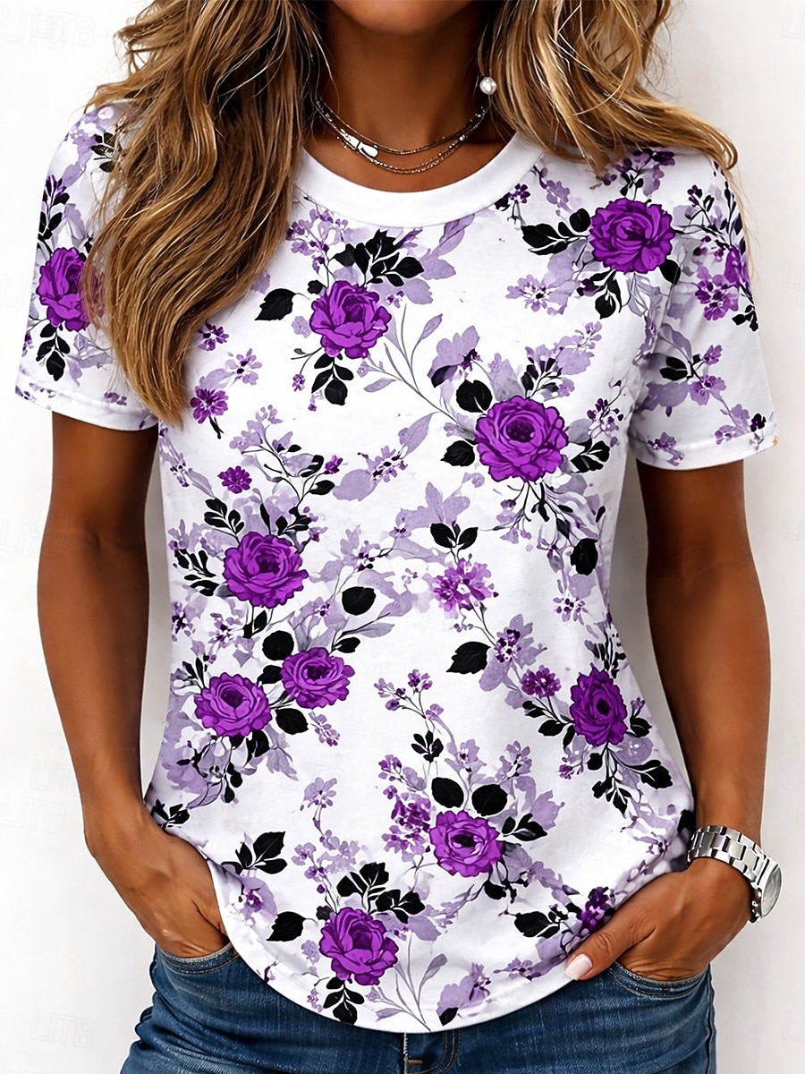 Dam T-shirt Mönster Blommig Grafisk Växter bohemliv Hawaiisk Stylish Kortärmad Rund hals Långa toppar Dagligen Blå Svart Ljusrosa Gul Mörkgrön Sommar Vår 2026 - $7.99 –P7