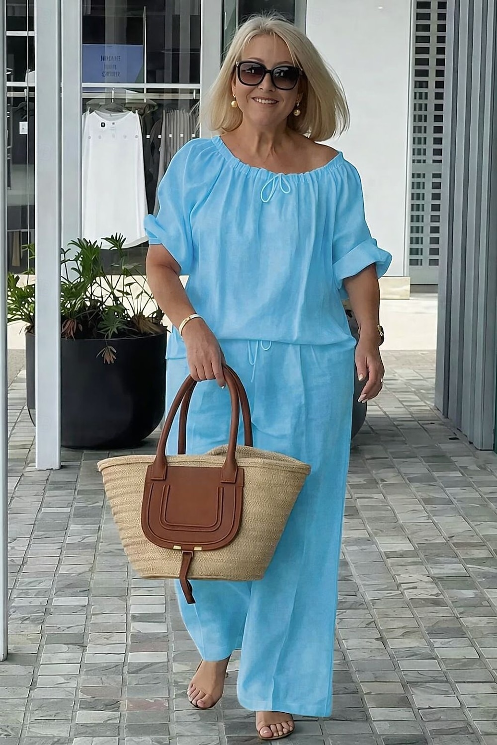 Damen Hosen-Sets Kunstbaumwollleinen Kurzarm Rundhalsausschnitt Einfarbig Mode Streetwear Lässig Täglich Outdoor Blau Schwarz Weiß Frühling & Sommer Lässiger Schnitt 2026 - $44.99 –P5