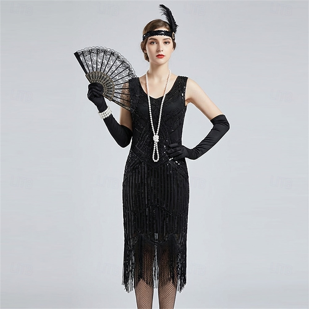 Zabytkowe Ryczące 20s 1920 roku Do kolan Sukienka w stylu lat 20-tych Rękawiczki Nakrycie głowy Bez rękawów Wielki Gatsby Czarleston Cekiny Frędzel Strój na bal maskowy Damskie Halloween Karnawał 2026 - $64.99 –P9