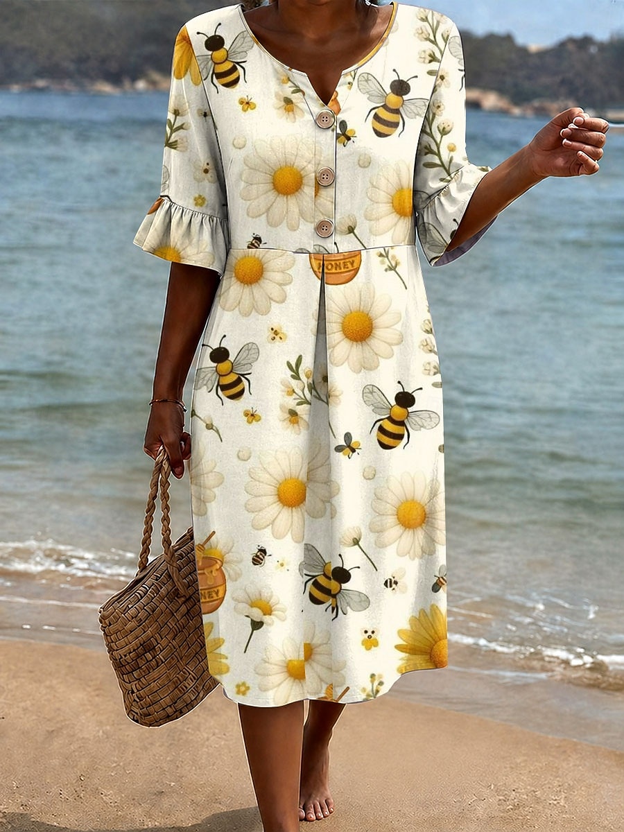 Mujer Vestido Midi Vestido de verano Vestido informal Vestido de una línea Elegante Vacaciones Playa Festivos Ajuste regular Floral Graphic Manga Corta Escote en Pico Azul Piscina Amarillo Naranja 2026 - $44.99 –P5