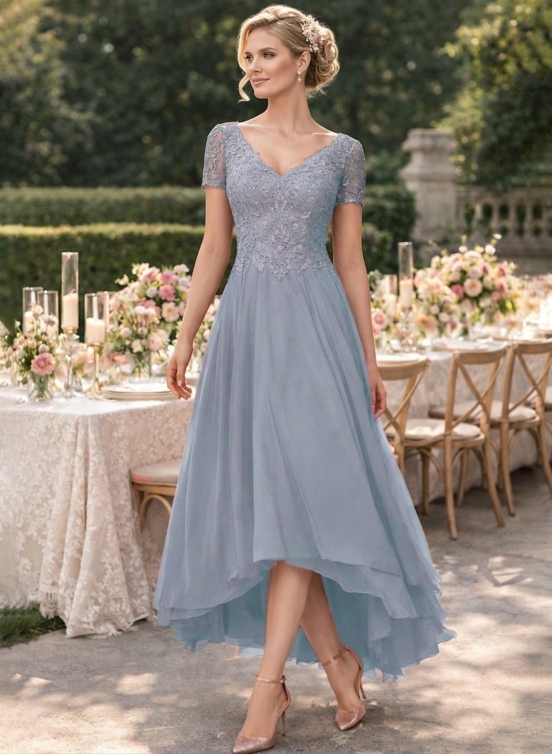 A-linje Asymmetrisk Festkjole Cocktail Kjole Gjestekjole til bryllup Kjole til brudens mor Kortermet V-hals Elegant Formell Bryllupsgjest Formell kveld Chiffon med Ensfarget 2026 - $160.99 –P8