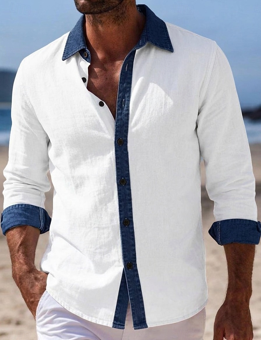 Men's Shirt Linen Shirt Summer Shirt Beach Wear Beach Shirt Button Up Shirt Color Block Vacation Holiday Blue Black White Pink Long Sleeve Turndown Summer Spring Clothing Apparel Patchwork 2026 - $26.99 –P1