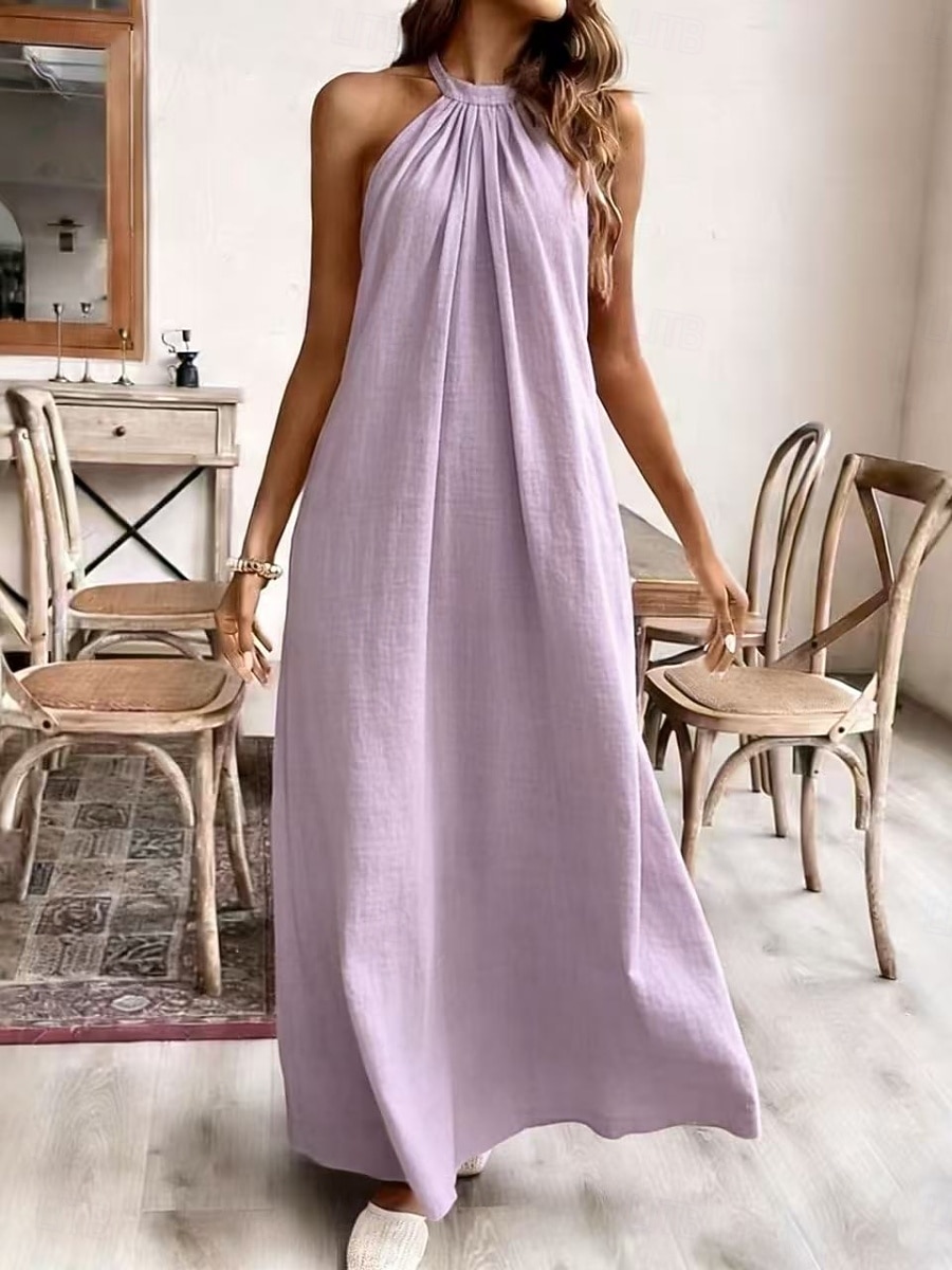 Women's Maxi Faux Cotton Linen Dress Shift Dress Summer Dress Casual Daily Loose Fit Plain Sleeveless Halter Neck Black White Yellow Purple Summer Spring 2026 - $28.99 –P5