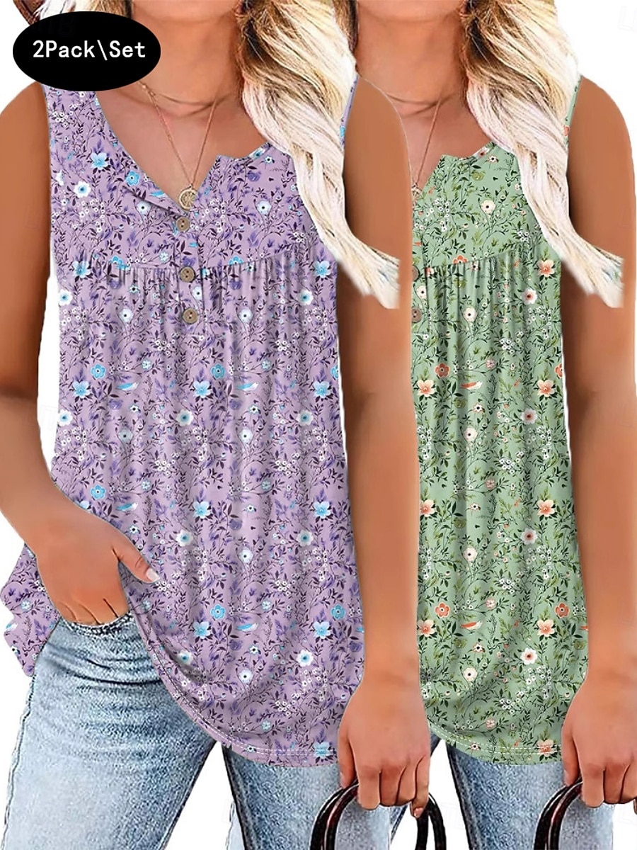 Multi Packs 2pcs Women's V Neck Sleeveless Yellow+Blue Tank Sleeveless Shirt Tee Top Floral Casual Daily Polyester Summer 2026 - $44.99 –P1