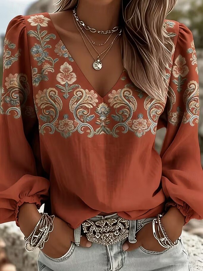 Per donna Camicia Floreale Grafico Geometrico Bohemien Vacanza Vintage Manica Lunga Scollo a V Top lunghi Casuale Quotidiano Ferie Marrone rossastro Nero Viola Beige Estate Primavera del 2026 a $29.99 –P4