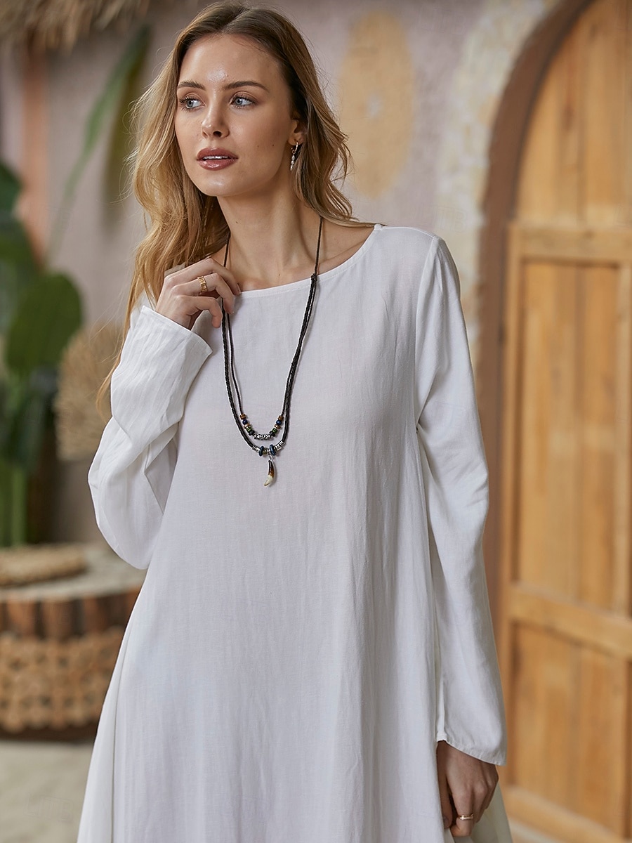 abito lungo maxi da donna 100% cotone abito a tubino in finto cotone e lino abito caftano abito bianco basic casual quotidiano vacanza vestibilità ampia tinta unita manica a 3/4 scollo a barca bianco rosso verde del 2026 a $28.99 –P5