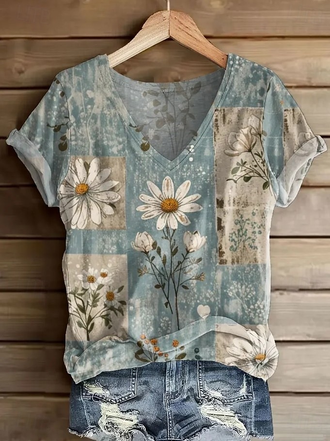 Mulheres Camiseta Imprimir Floral Gráfico Plantas Vintage à moda Clássico Manga Curta Decote V Tops longos Diário Final de semana Azul Laranja + Verde Branco Amarelo Rosa Verão Primavera de 2026 por $8.49 –P6