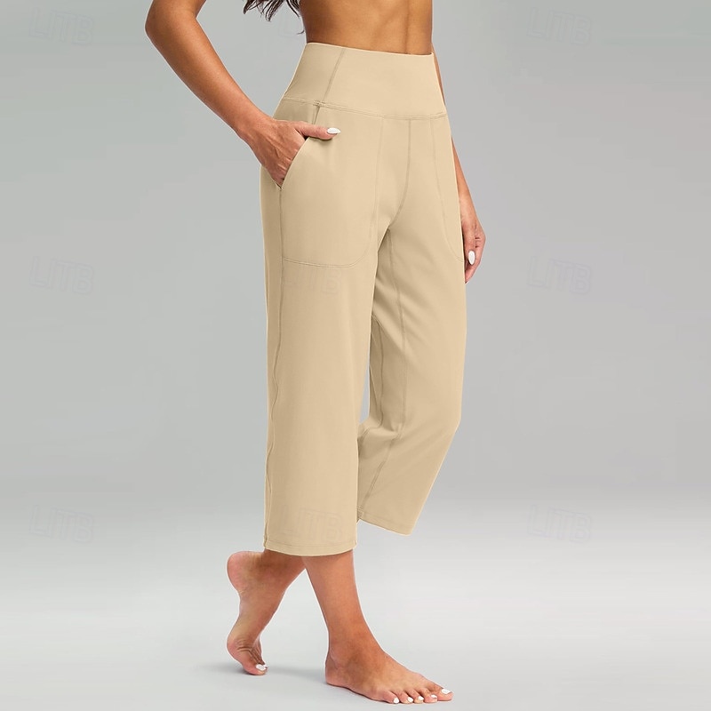 Women's Wide Leg Chinos Vacation Classic Style Basic Capris High Waist Plain Pocket Comfy Comfort Soft Stretchy Casual Gym Yoga Apricot Black White Army Green Spring Regular Fit 2026 - $8.49 –P1
