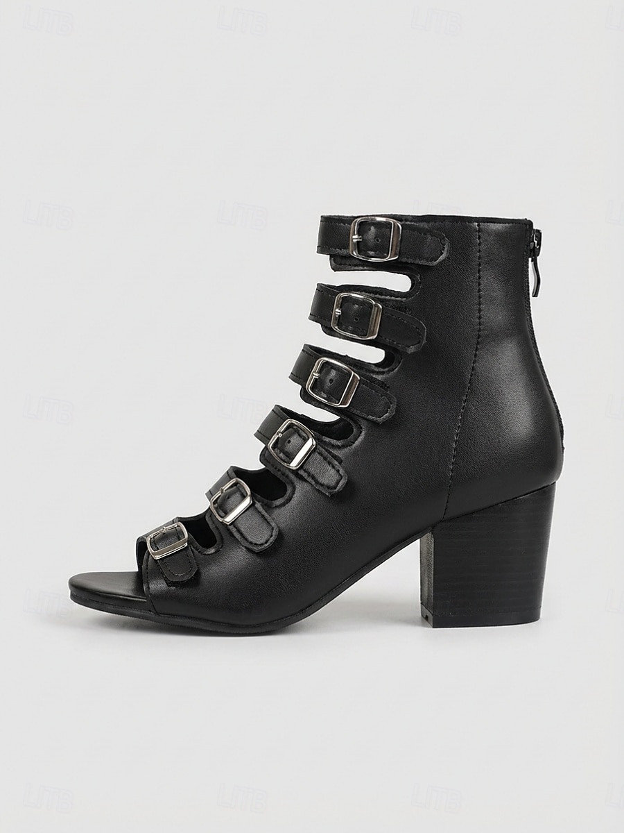 Women's Black Gladiator Heeled Boots - Sophisticated Multi-Strap Cut-Out Sandals with Block Heel & Adjustable Buckles for Outdoor Music Festival & Daily Commute 2026 - $46.99 –P4