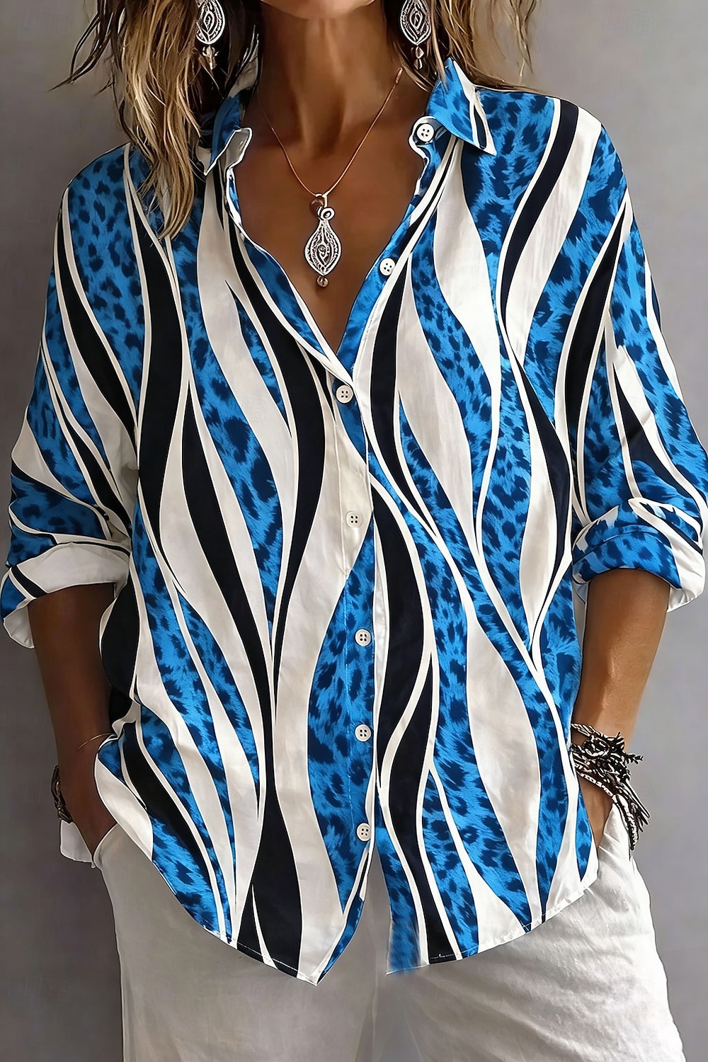 Per donna Camicia Bottoni Stampato Grafico Leopardo Geometrico Elegante Vintage Tropicale Manica Lunga Colletto a Camicia Top Regolari Quotidiano Lavoro Blu Rosa Cachi Estate Primavera Autunno del 2026 a $36.99 –P3