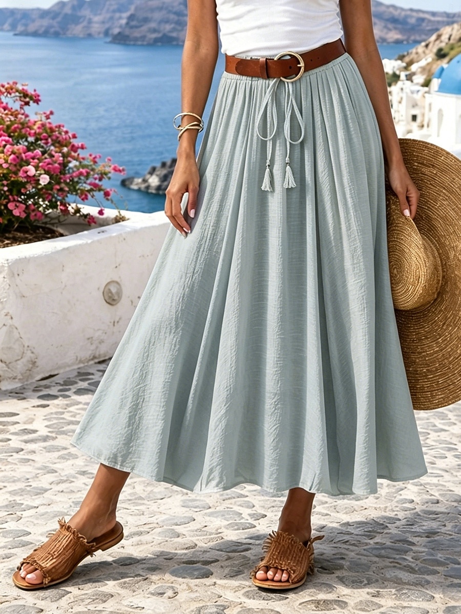 Mujer Falda de vacaciones Falda de lino y algodón sintético Moda Casual Maxi Alta cintura Faldas Plano Plisado Rígido Diario Vacaciones Azul Piscina Negro Rosa Caqui Verano 2026 - $11.49 –P7