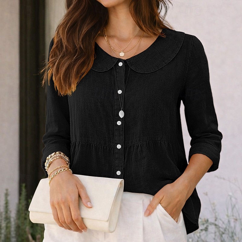 Damskie Koszula Codzienna koszula Zapinana na guziki koszula Sztuczna bawełna len Guziki Jednokolorowe Równina Urlop Moda Codzienny Kołnierzyk Piotruś Pan Zwykłe topy Streetwear Plaża Święto Czarny 2026 - $22.99 –P11