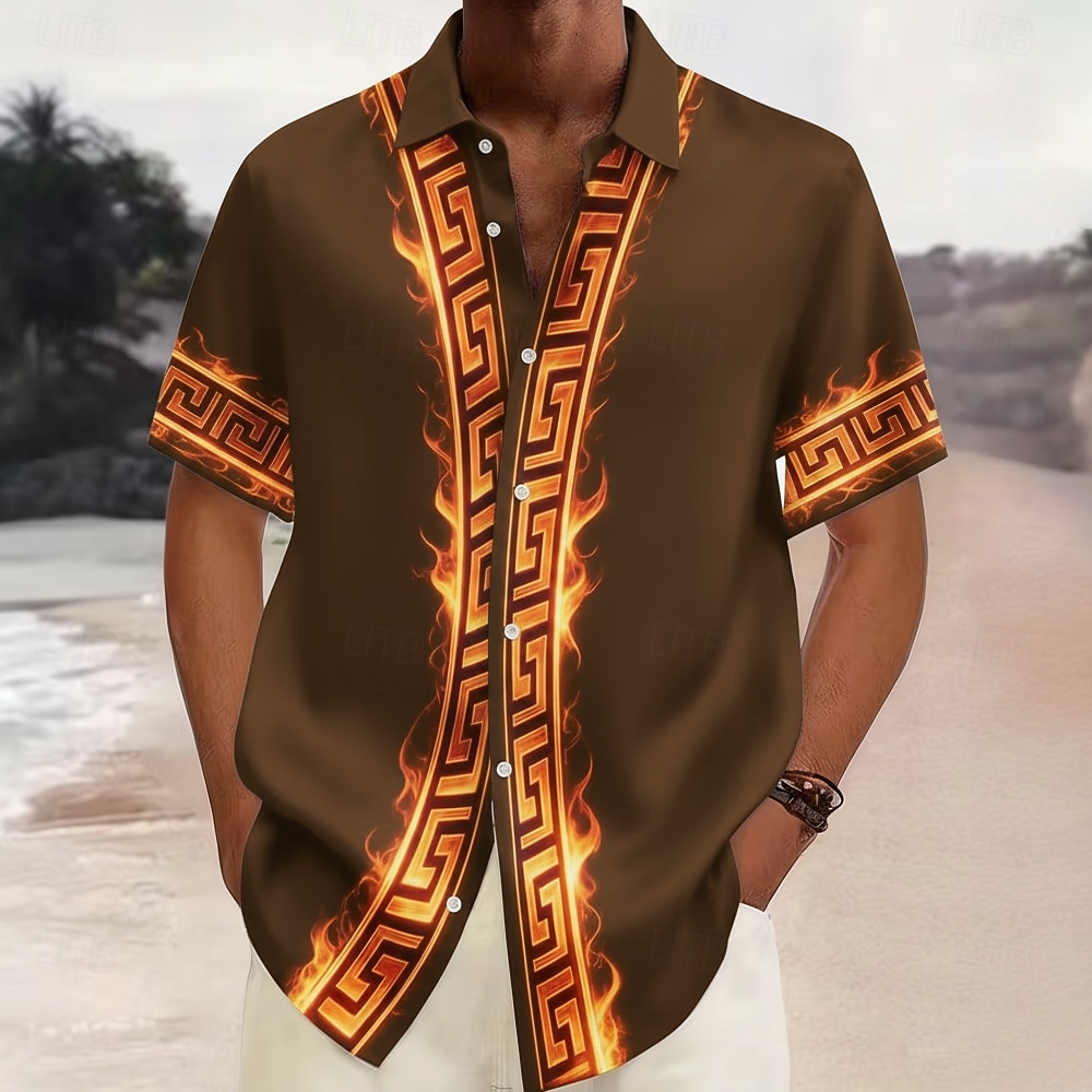 Herren Geometrisches Muster Feuer Griechischer Schlüssel Hemd Knopfhemd Kurzarm Modisch lässig Streetwear Urlaub Frühling Herbst Umlegekragen 3D-Druck Hemden mit Kragen Burgunderrot Purpur Braun 2026 - $25.99 –P3