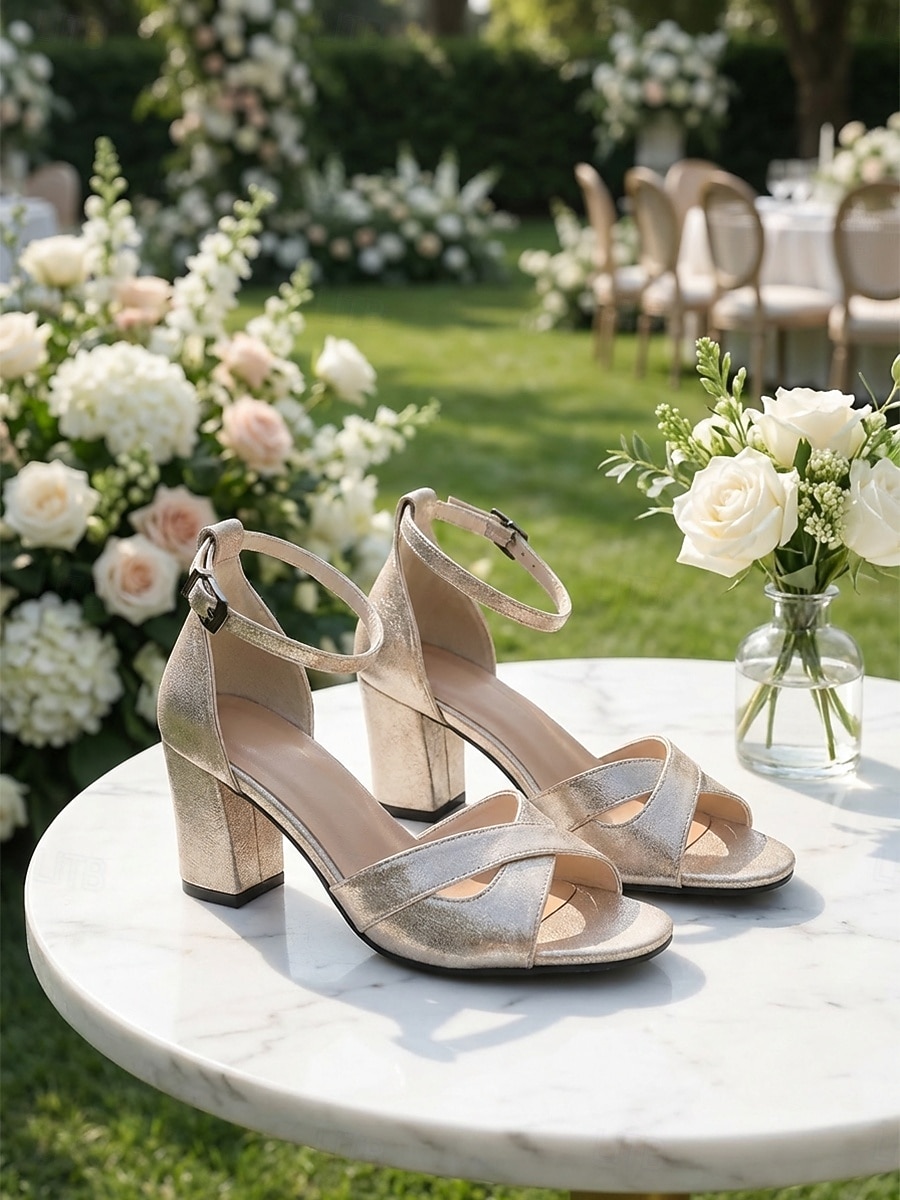 Women's Metallic Block Heel Sandals, Open Toe Ankle Strap Elegant Dress Shoes for Garden Party, Wedding Guest & Outdoor Events 2026 - $34.99 –P1