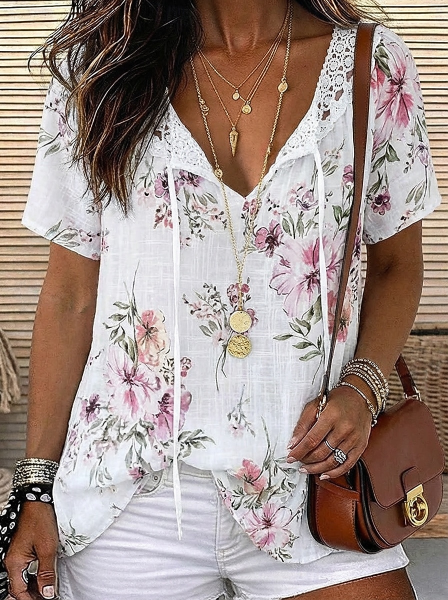 Per donna Blusa Top in chiffon Top in pizzo Pizzo Floreale Elegante Moderno Manica Corta Scollo a V Top lunghi Casuale Ferie Estate Blu Bianco Rosa Arancione Verde Estate Primavera del 2026 a $18.49 –P1