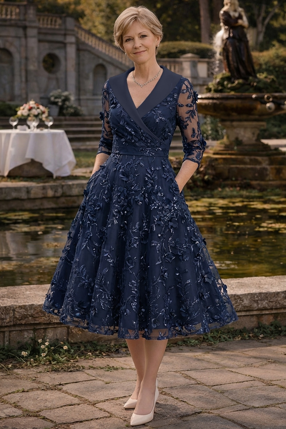 Linea ad A Lunghezza Tè Abito da cerimonia per signora Manica 3/4 Scollo a V Bavero Elegante Vintage Formale Ospite di nozze Raso Pizzo con Fiori 3D Arricciato Ricamo del 2026 a $194.99 –P4