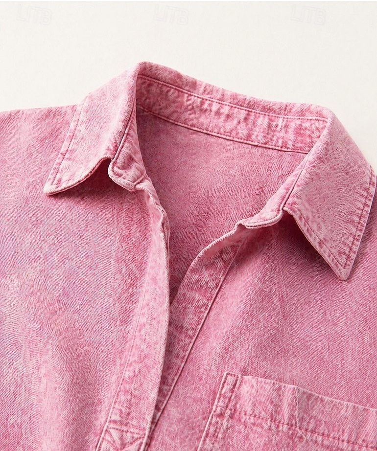 Rochie de damă până la genunchi, spălată, 90% bumbac, vintage, casual, mânecă scurtă, guler cămașă, albastru, negru, roz, vară, primăvară 2026 - $32.99 –P3