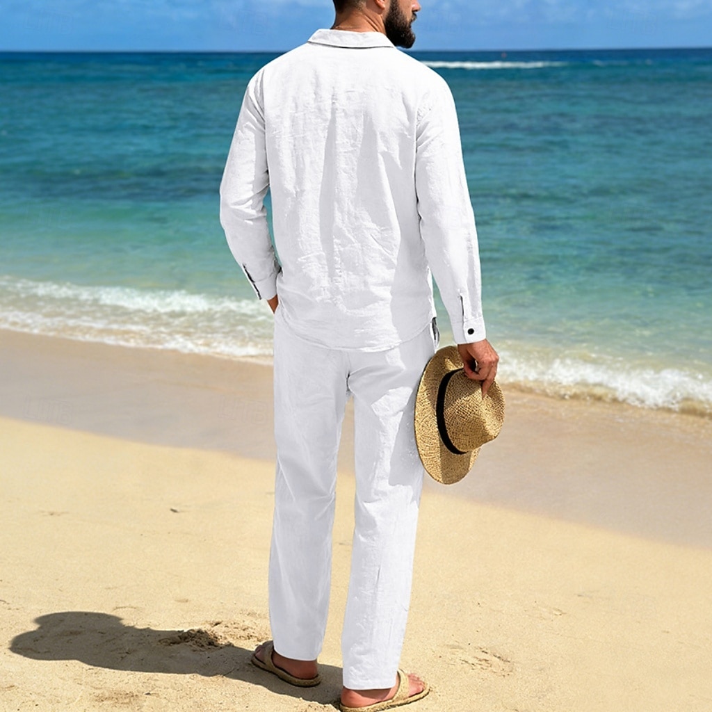 Homme Chemise en lin Deux pièces Ensemble Chemise Et Pantalons en Lin Pantalons Pantalon décontracté Set Uni Quotidien Extérieur Plage Col Rabattu manche longue Été Printemps Mode Occasionnel de 2026 ? $41.99 –P3