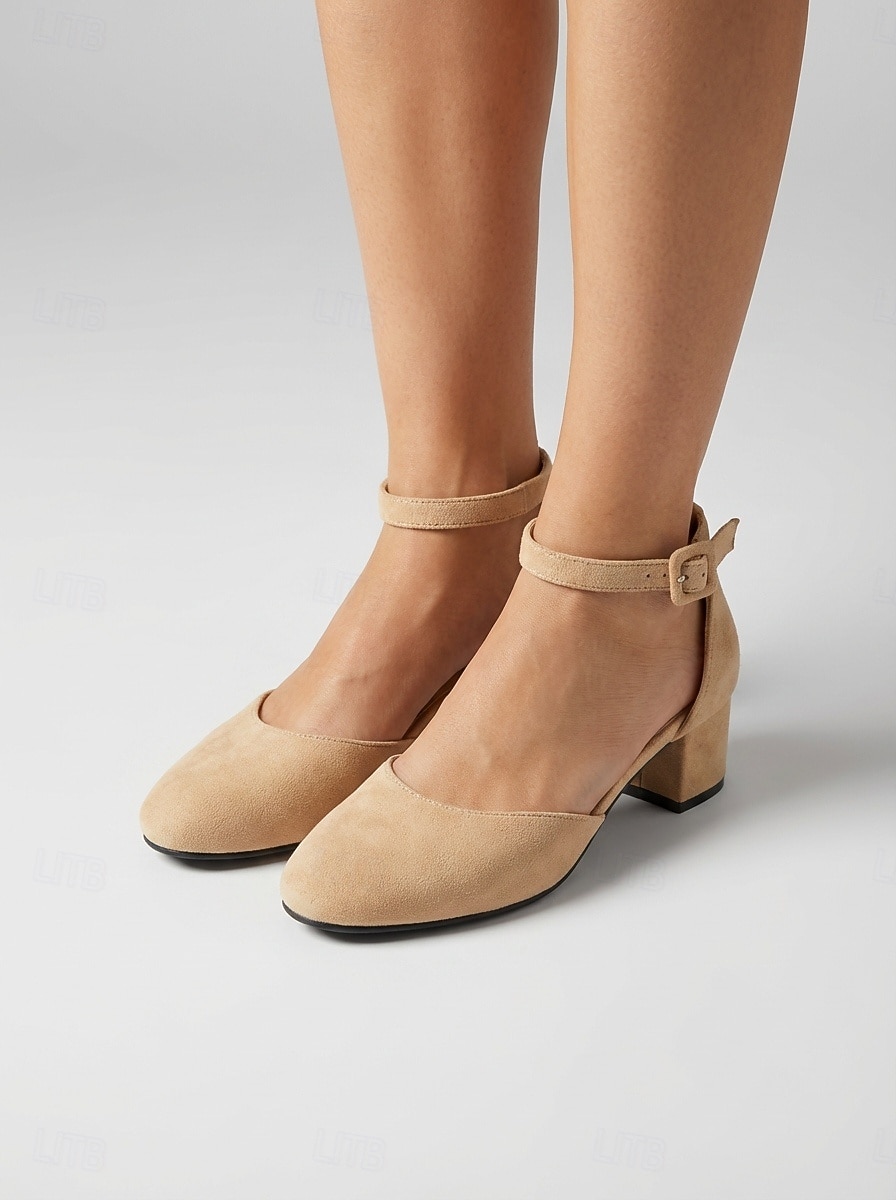 Décolleté da donna in camoscio beige con tacco a blocco, punta tonda e cinturino alla caviglia, ideali per feste in giardino e matrimoni. &eventi all'aperto del 2026 a $42.99 –P2