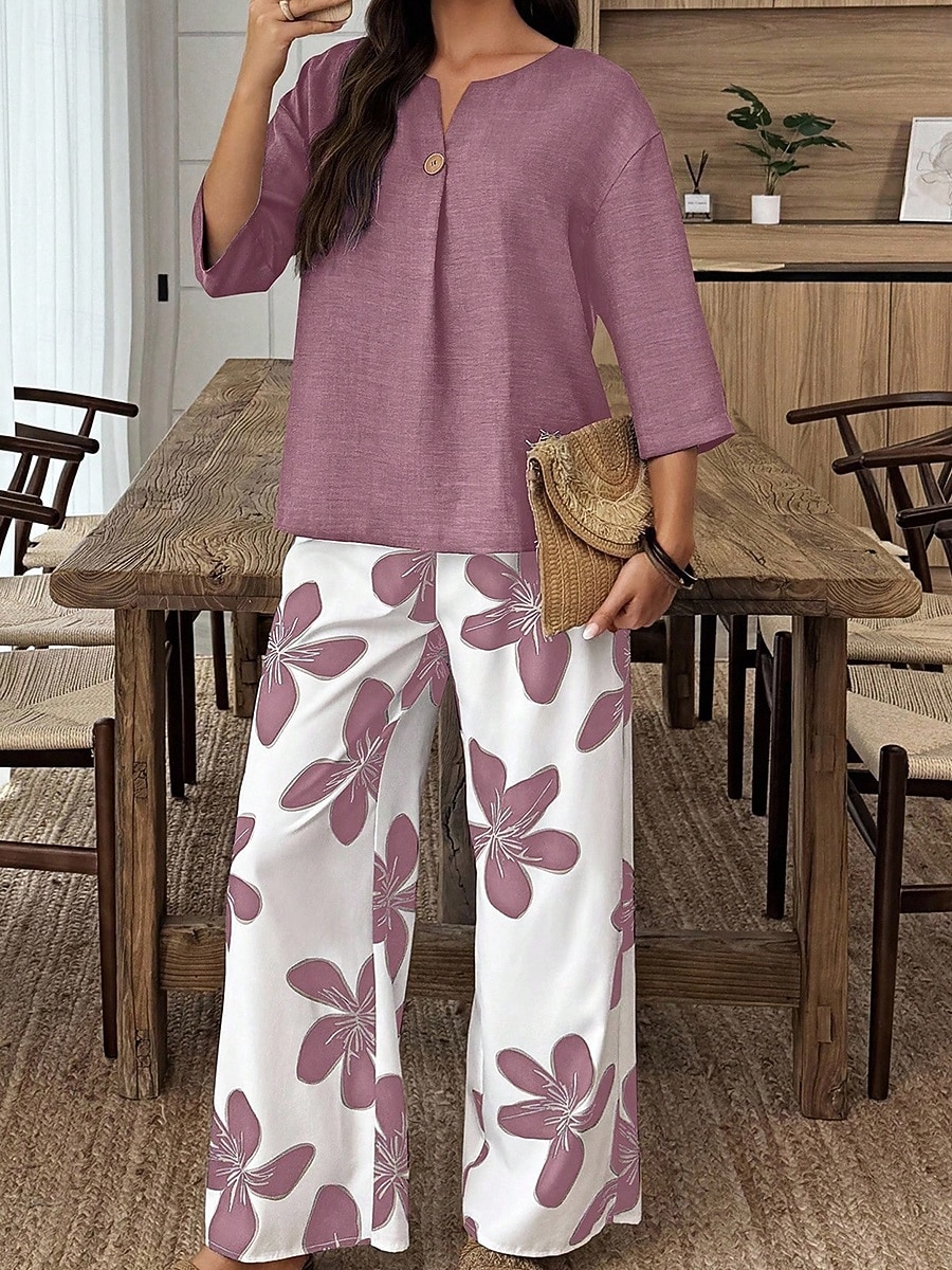 Women's Two Piece Sets Pants Sets 3/4 Length Sleeve V Neck Floral Graphic Print Daily Stylish Casual Daily Vacation Blue Purple Orange Summer Regular Fit 2026 - $56.99 –P6
