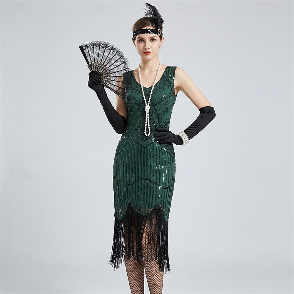 Zabytkowe Ryczące 20s 1920 roku Do kolan Sukienka w stylu lat 20-tych Rękawiczki Nakrycie głowy Bez rękawów Wielki Gatsby Czarleston Cekiny Frędzel Strój na bal maskowy Damskie Halloween Karnawał 2026 - $64.99 –P15