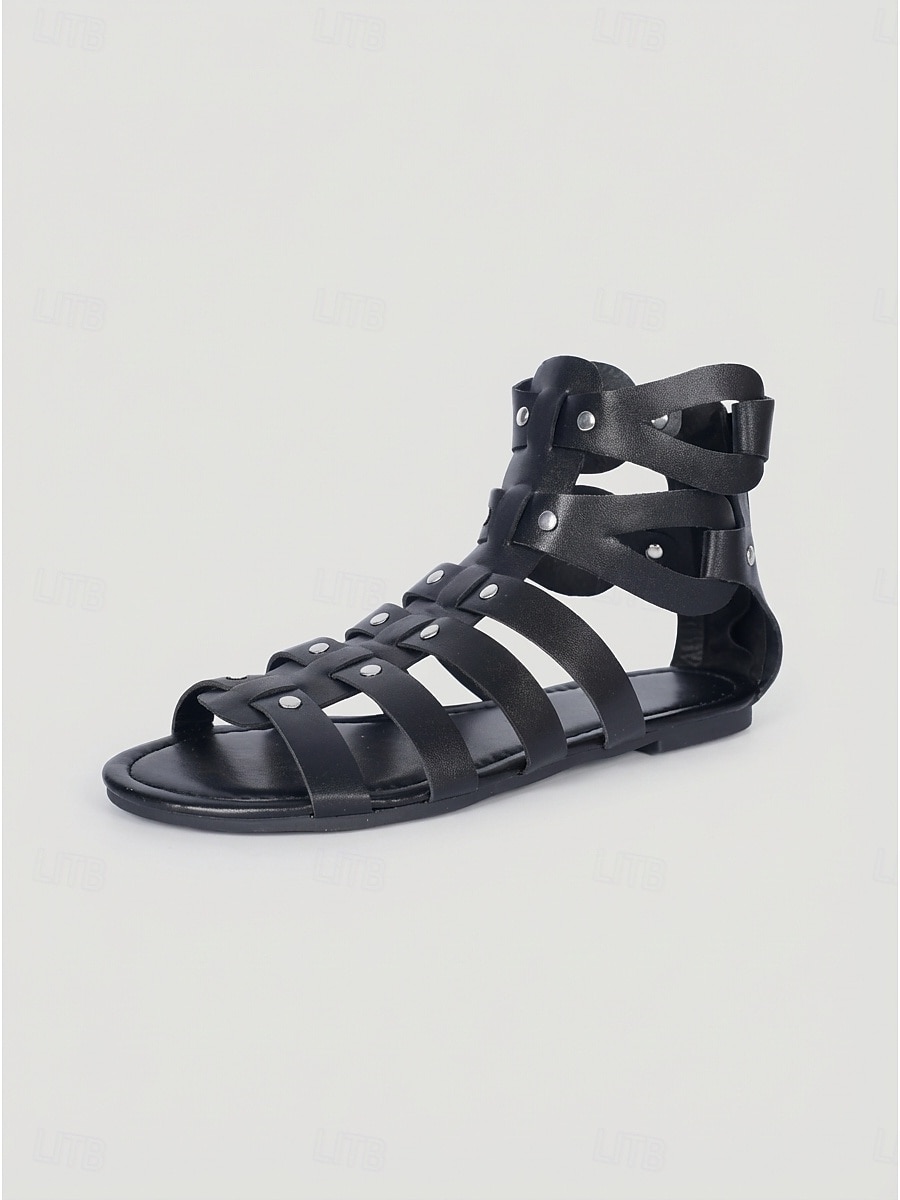 Sandales gladiateur noires cloutées pour femmes - sandales plates à brides tendance avec rivets argentés, idéales pour les festivals de musique d'été et les concerts rock. &style bohème de rue de 2026 ? $32.99 –P2