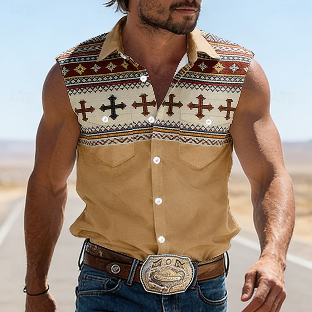 Hombre Cruz Étnico Bloqueo de color camisa occidental Camisa vaquera Camisa sin mangas Sin Mangas Vintage estilo occidental Exterior Vacaciones Verano Primavera Cuello Vuelto Impresión 3D Camisas con 2026 - $27.99 –P3