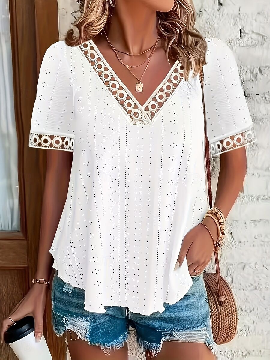 Per donna Top traforato Maglietta traforata Maglietta Testurizzato Elegante Classico Manica Corta Scollo a V Top Regolari Casuale Spiaggia Bianco Giallo Rosa Estate del 2026 a $25.99 –P6