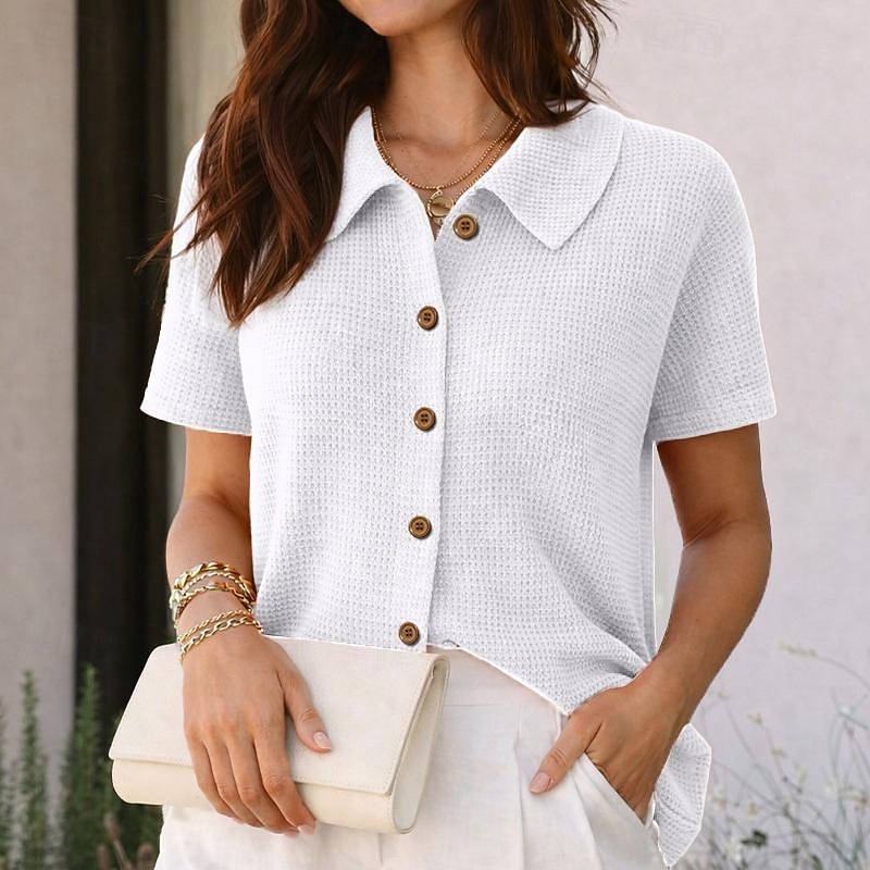 Per donna Camicia Camicia a nido d'ape Camicia casual Camicia con Bottoni Bottoni Tinta unica Semplice Vacanza Moda Quotidiano Manica Corta Collo ripiegato Top Regolari All'aperto Abbigliamento del 2026 a $25.99 –P5