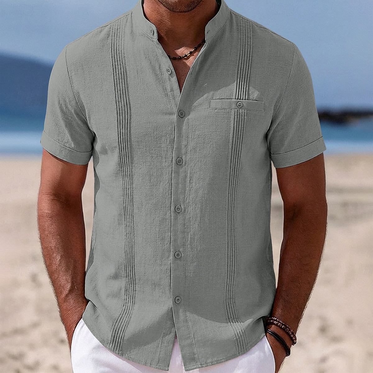 Herr Skjorta Linneskjorta Sommarskjorta Strandskjorta Hawaii skjorta Ensfärgat Ledigt Dagligen Blå Mörkgul Svart Marinblå Kortärmad Krage Vår & sommar Sommar Kläder Rynkad 2026 - $25.99 –P1
