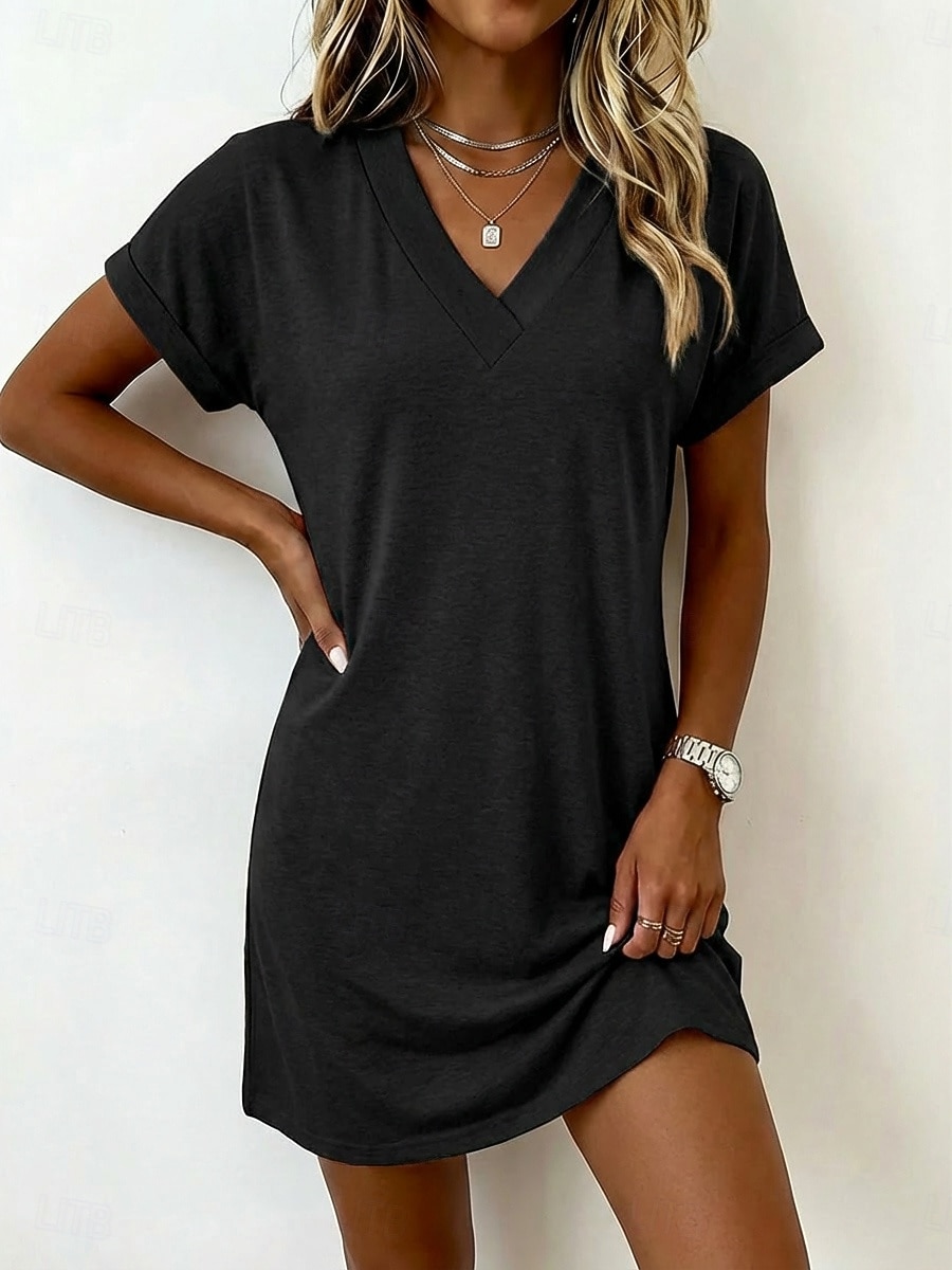 Dames Mini-jurk T shirt jurk Basic Klassiek Dagelijks Weekend Normale pasvorm Effen Korte mouw V-hals blauw Zwart Blozend Roze Donkergroen Zomer Lente 2026 - $10.99 –P2