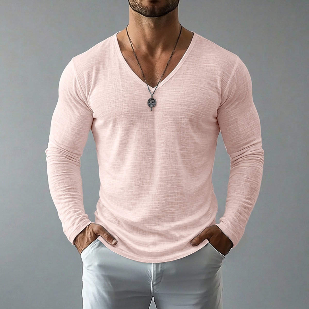 Men's Tee Top Linen T-Shirt Long Sleeve V Neck Spring & Summer Summer Spring Solid Color Daily Casual Street Style Plain Casual Outdoor Street Blue Lake blue Black Top Tee for Men 2026 - $20.99 –P7