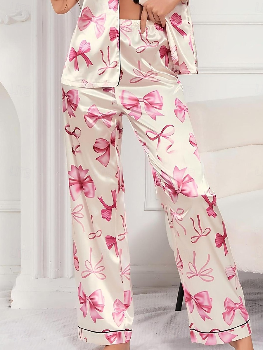 Women's Loungewear Pajama Set Fashion Simple Casual Graphic Satin Silky Pajamas Pyjamas Elastic Waist Buttons Pant Home Vacation Short Sleeve Shirt Collar Pink Summer Spring Fall Regular Fit 2026 - $58.99 –P3