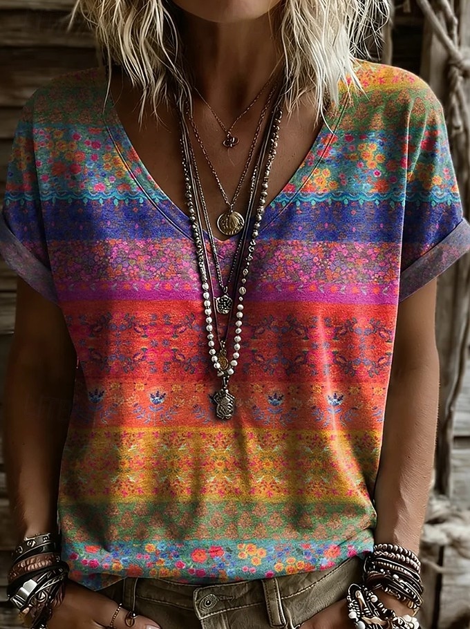 Mulheres Camiseta Imprimir Floral Gráfico Plantas Vintage à moda Clássico Manga Curta Decote V Tops longos Diário Final de semana Azul Laranja + Verde Branco Amarelo Rosa Verão Primavera de 2026 por $8.49 –P3