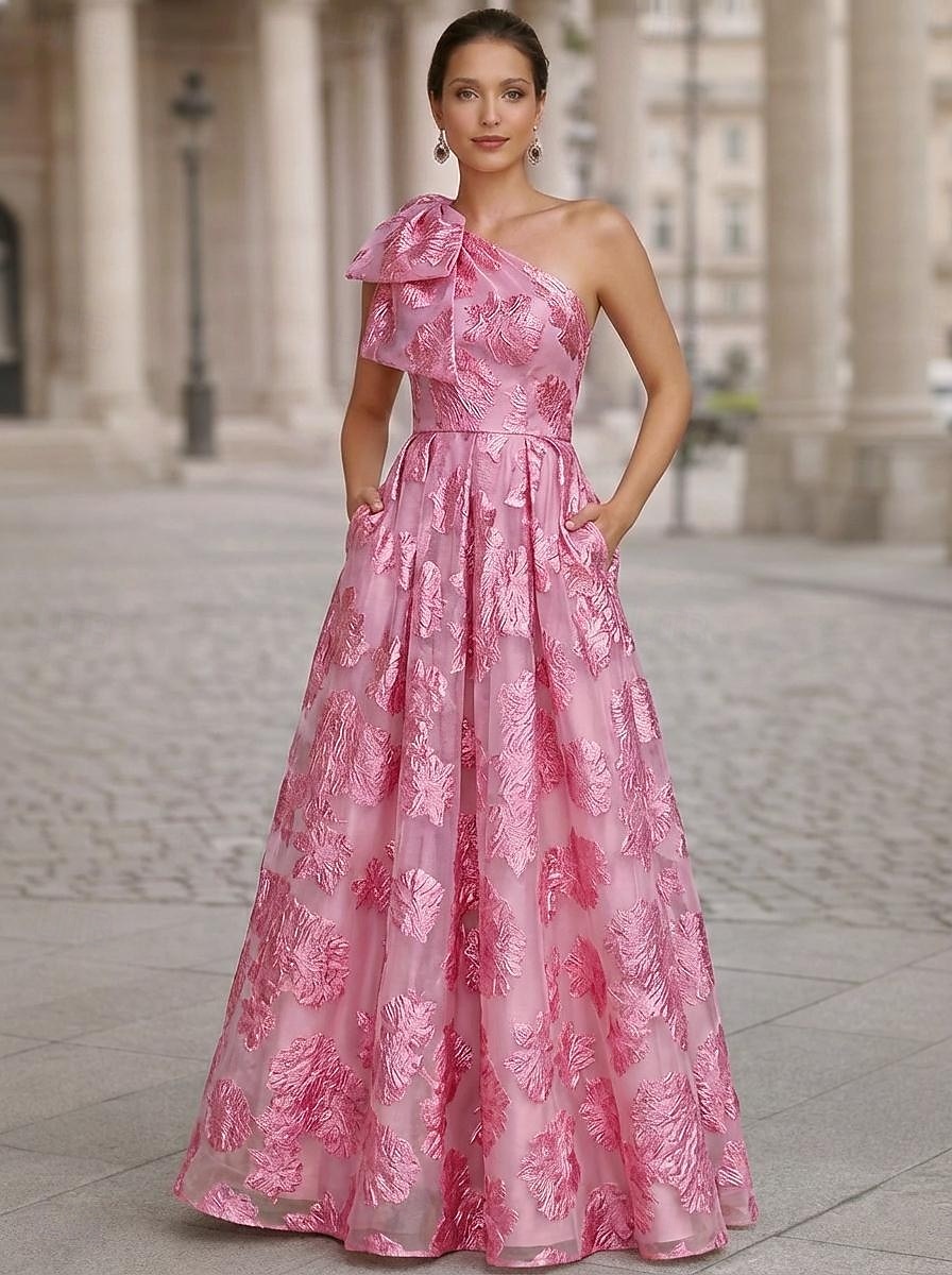 Linea ad A Lunghezza alla caviglia Lunghezza Tè Abiti da Cocktail Elegante Vintage Floreale Senza Maniche Monospalla Festa in giardino Matrimonio Tasca Raso Jacquard con Stampa floreale Fiore del 2026 a $171.99 –P1