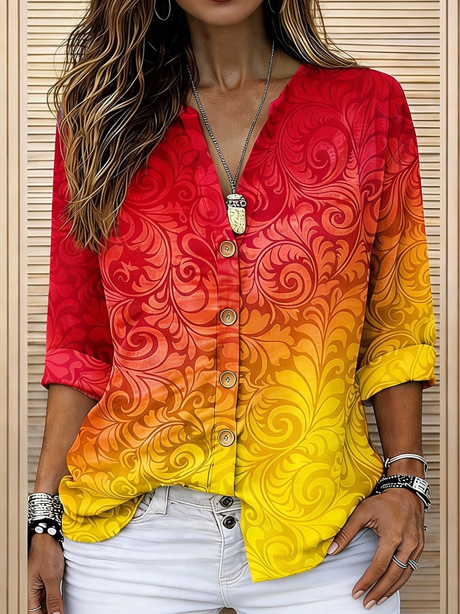 Femmes Chemise Tunique Hauts d'été Boutons A Ombre Graphique Vacances Quotidien manche longue Col en V Hauts Réguliers Quotidien Fête Sortir Bleu Violet Orange Vert Été Printemps de 2026 ? $33.99 –P3