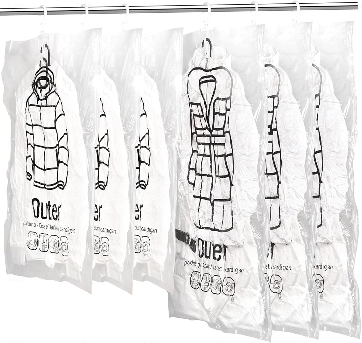 Conjunto de 6 sacos de armazenamento a vácuo reutilizáveis para economizar espaço, comprimindo-os com ganchos. 3 unidades de 67 x 90 cm e 3 unidades de 67 x 110 cm. Compatíveis com qualquer aspirador de 2026 por $32.99 –P1