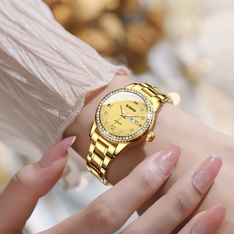 Relógio feminino de luxo, com bisel de diamantes, em aço inoxidável dourado e rosé, elegante e moderno, com janela de dia e data, joia à prova d'água para presentear sua mãe ou esposa. de 2026 por $24.99 –P1