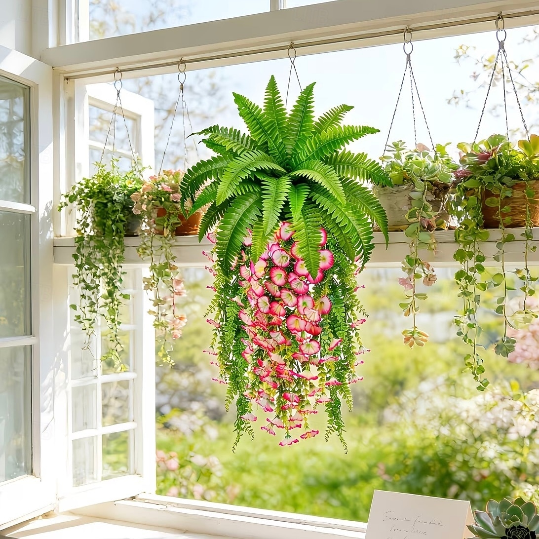 Ensemble de 4 plantes artificielles de type fougère de Boston et ipomée de la pampa, à suspendre soi-même. Résistantes aux UV, ces plantes artificielles réalistes sont toujours vertes et ne de 2026 ? $19.99 –P7