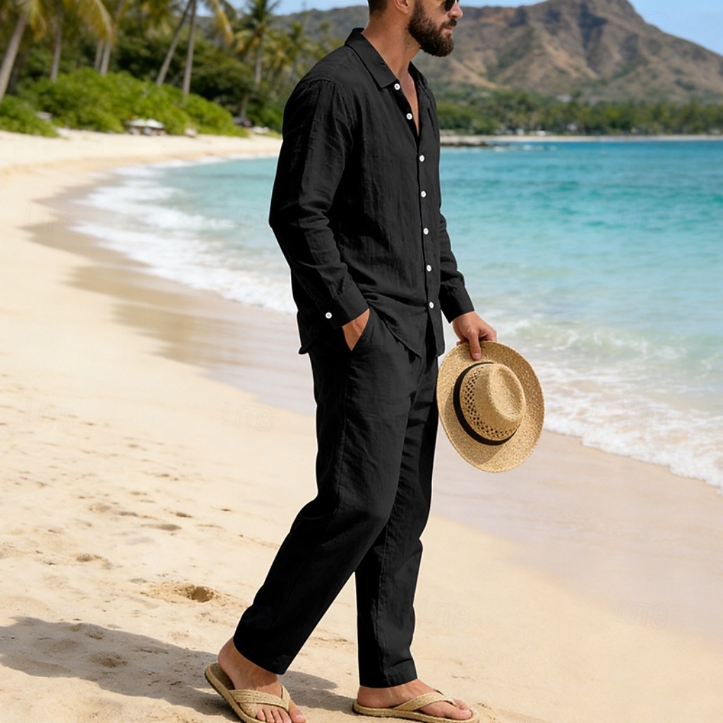 Homme Chemise en lin Deux pièces Ensemble Chemise Et Pantalons en Lin Pantalons Pantalon décontracté Set Uni Quotidien Extérieur Plage Col Rabattu manche longue Été Printemps Mode Occasionnel de 2026 ? $41.99 –P5