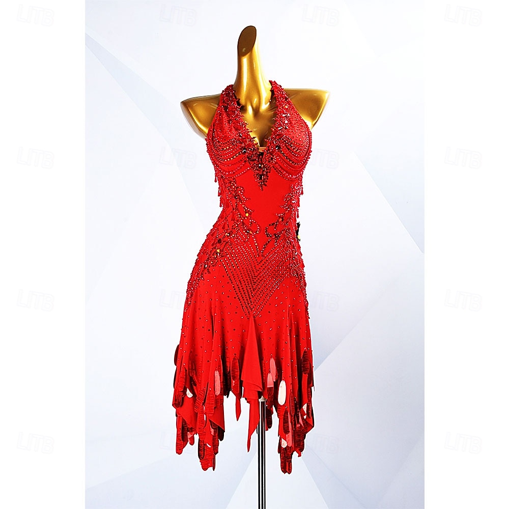 Women's Red Rhinestone Latin Dance Dress Halter Deep V Ballroom Competition Dress 2026 - $590.39 –P1