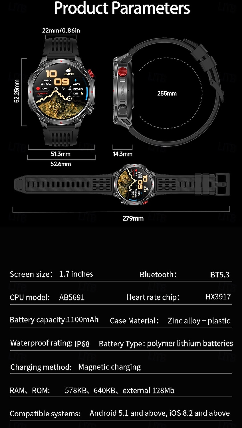 Rugged Military Smart Watch for Men with Bluetooth Call, 1100mAh Battery, LED Flashlight & Compass, IP68 Waterproof Outdoor Tactical Fitness Watch, 100+ Sports Modes Smartwatch for Android iOS 2026 - $54.99 –P14