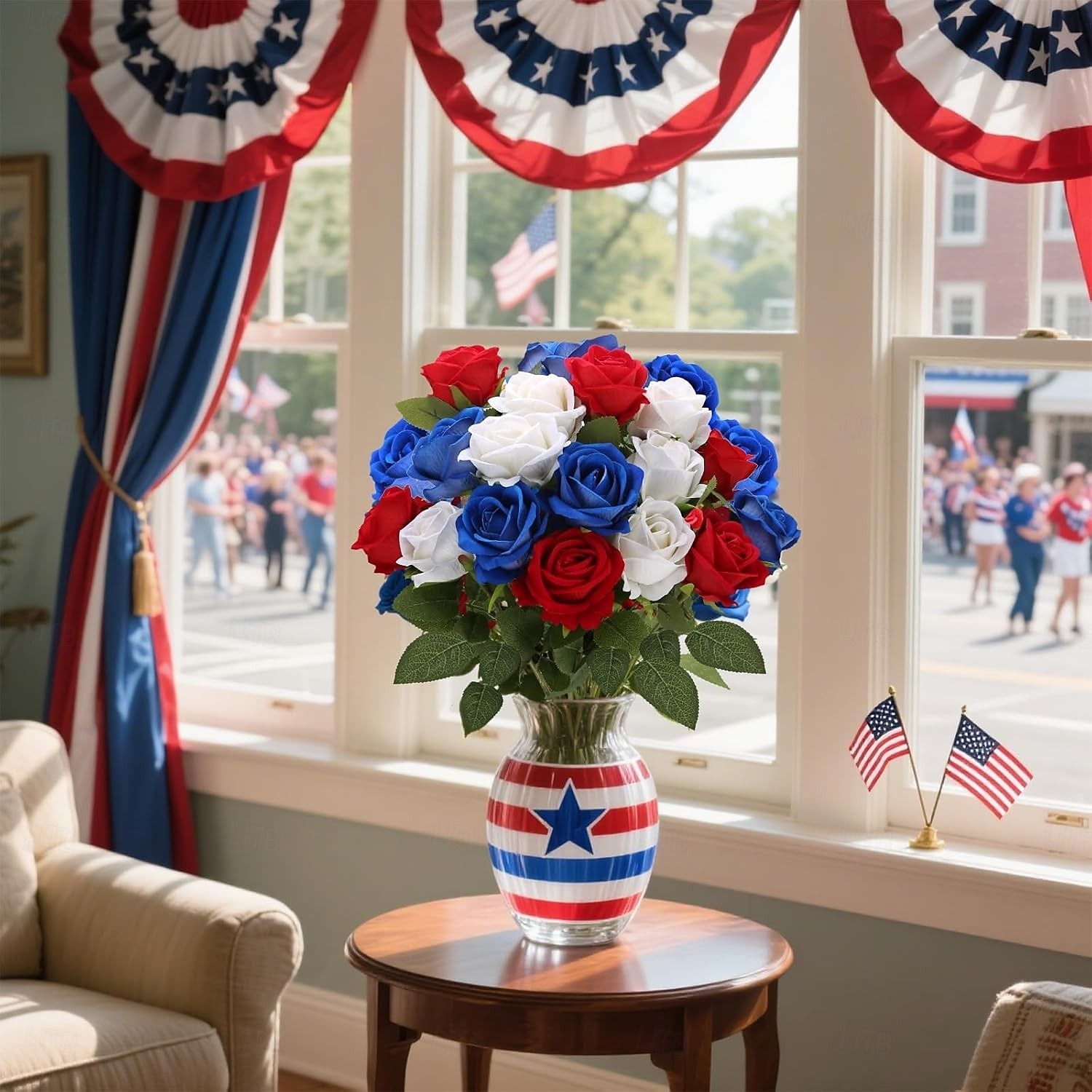 24 Artificial Roses For July 4th Decoration, Red, White, And Blue Patriotic Floral Arrangement, Realistic Velvet Silk Roses, Sold In Bulk For Memorial Day Centerpieces And Home Decor 2026 - $30.99 –P7