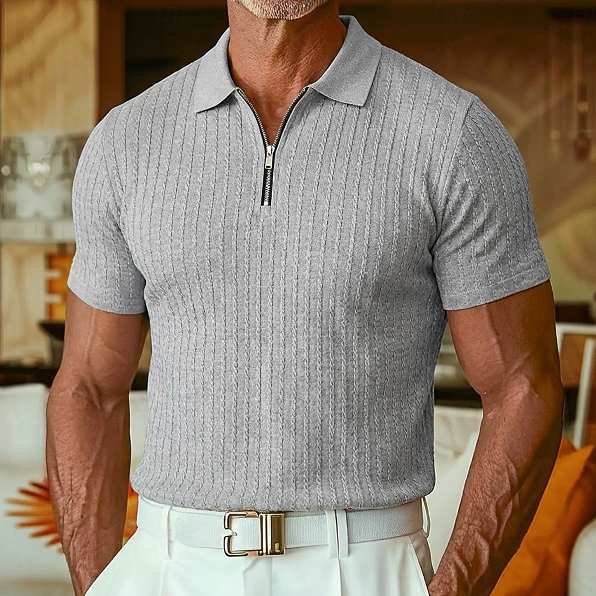 Herr Strukturerad Quarter Zip Polo Ledigt Utomhus Fjärdedels blixtlås Kortärmad Mode Modern Ensfärgat Jacquard Stickat Sommar Vår Vår & Höst Smal passform Svart Vit Vinröd Marinblå Khaki grön Armégrön 2026 - $22.99 –P5