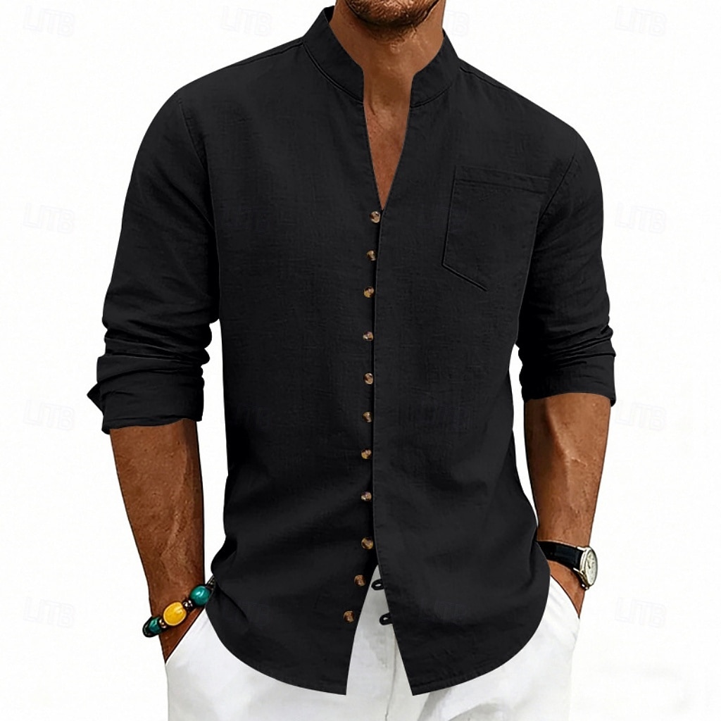 Homens Camisa Social Camisa de linho camisa de verão camisa de praia Tecido Casual Férias Preto Branco Rosa Azul Marinha Manga Longa Faixa Verão Primavera Roupa Bolsos de 2026 por $25.99 –P10